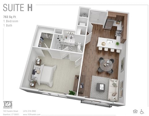 Floor plan for 1 bed, 1 bath, 763 sqft